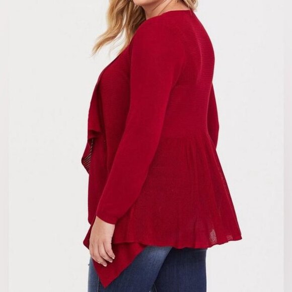 Women’s torrid 2 Crimson Red Drape Front Waffle Knit Waterfall Cardigan - Picture 13 of 13